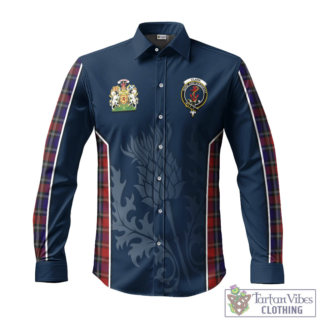 Tartan Vibes Clothing Clark Red Tartan Long Sleeve Button Up Shirt with Family Crest and Scottish Thistle Vibes Sport Style