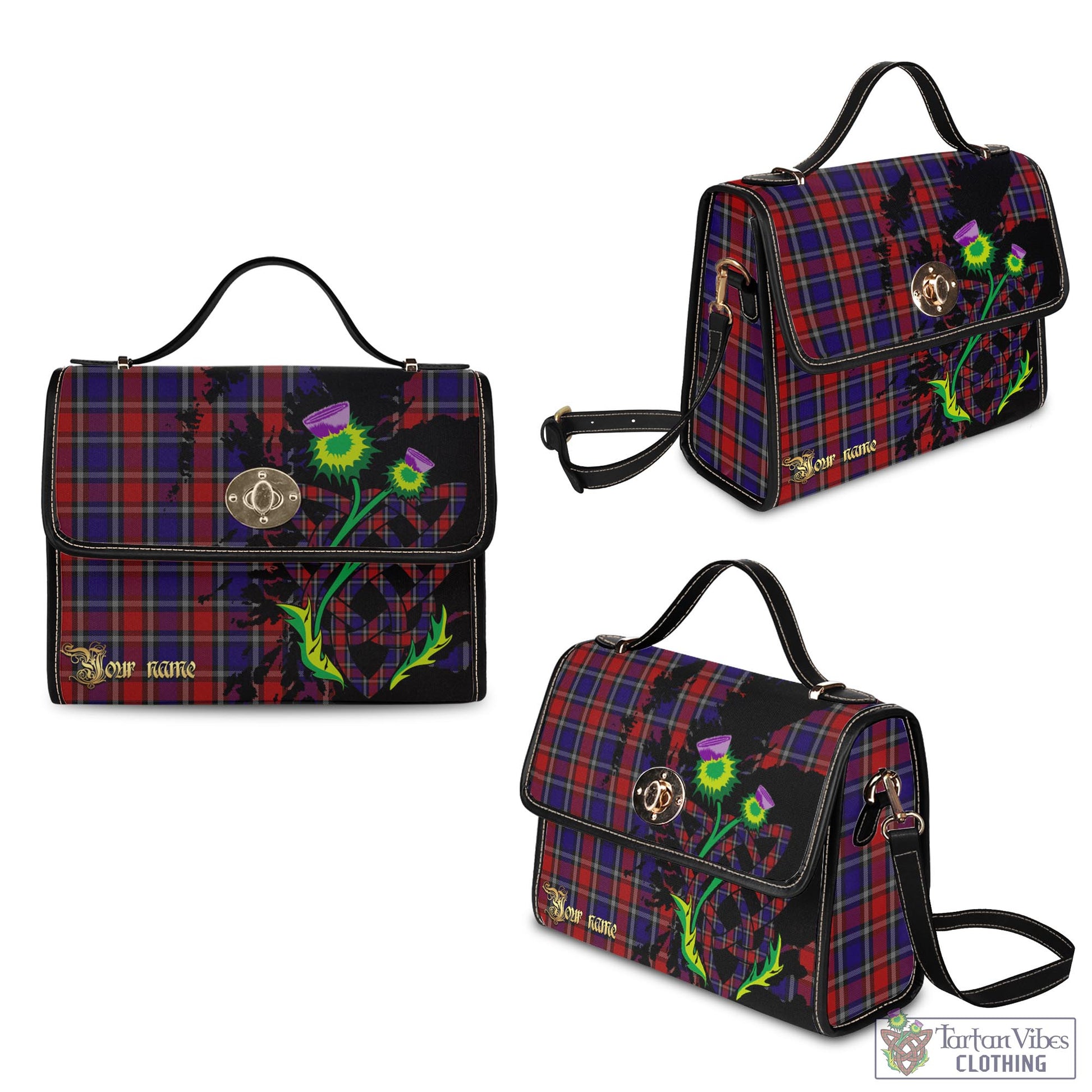 Tartan Vibes Clothing Clark Red Tartan Waterproof Canvas Bag with Scotland Map and Thistle Celtic Accents