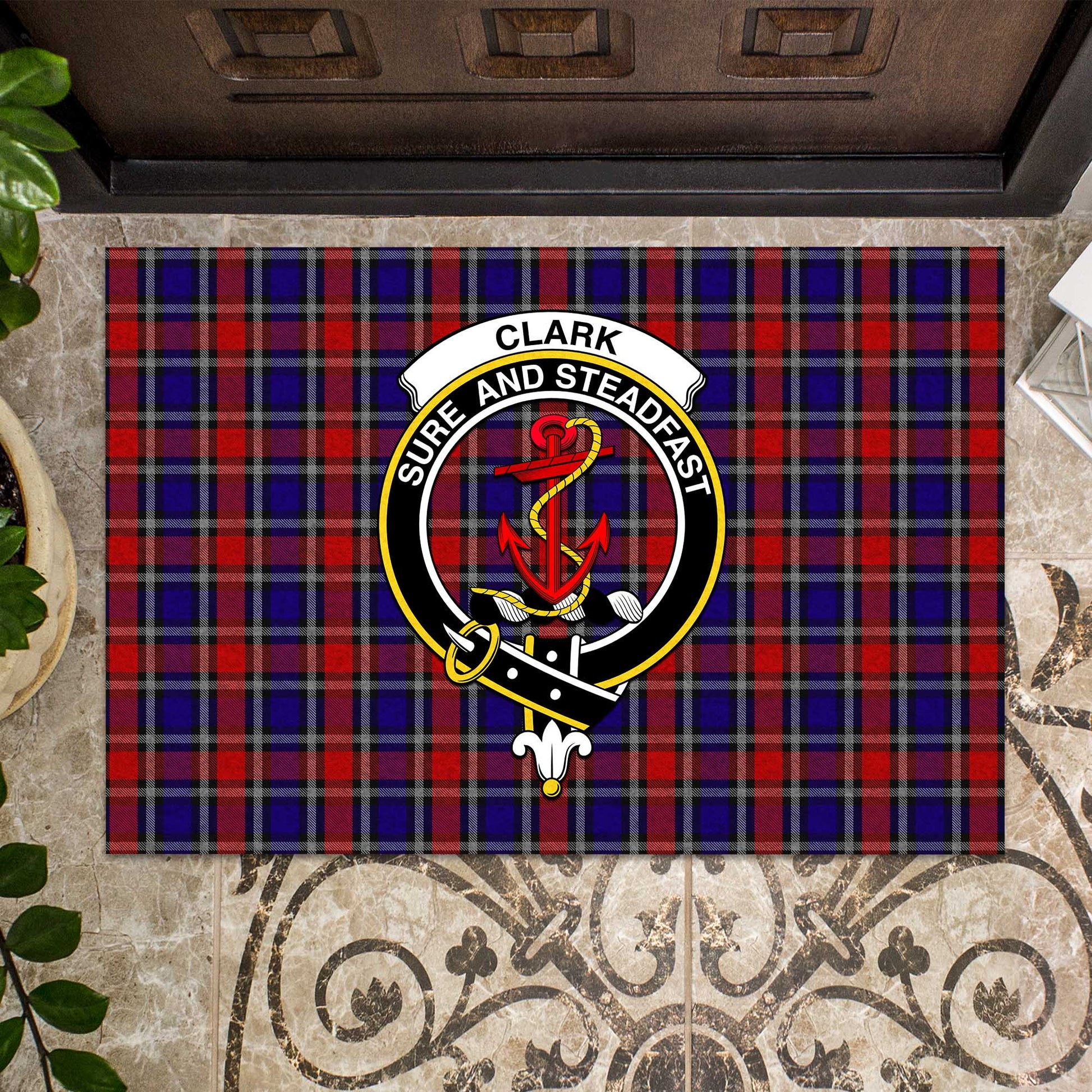 Clark Red Tartan Door Mat with Family Crest - Tartanvibesclothing