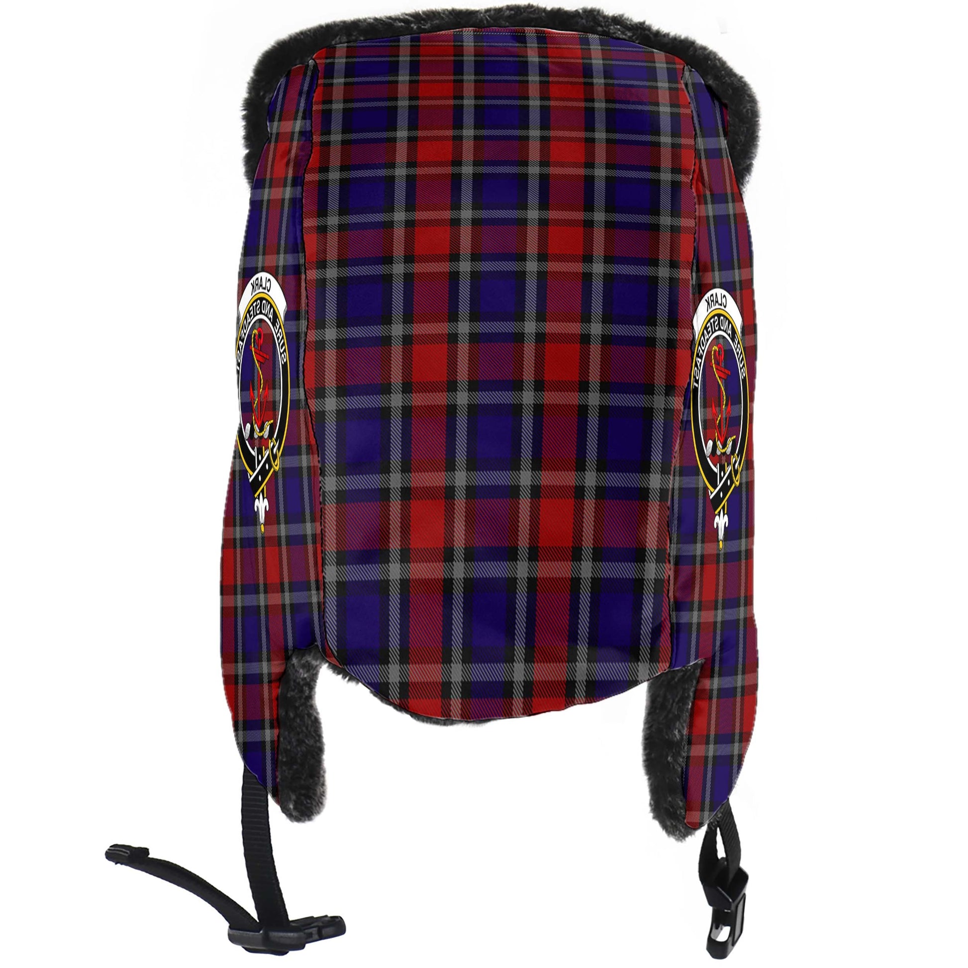 Clark Red Tartan Winter Trapper Hat with Family Crest - Tartanvibesclothing