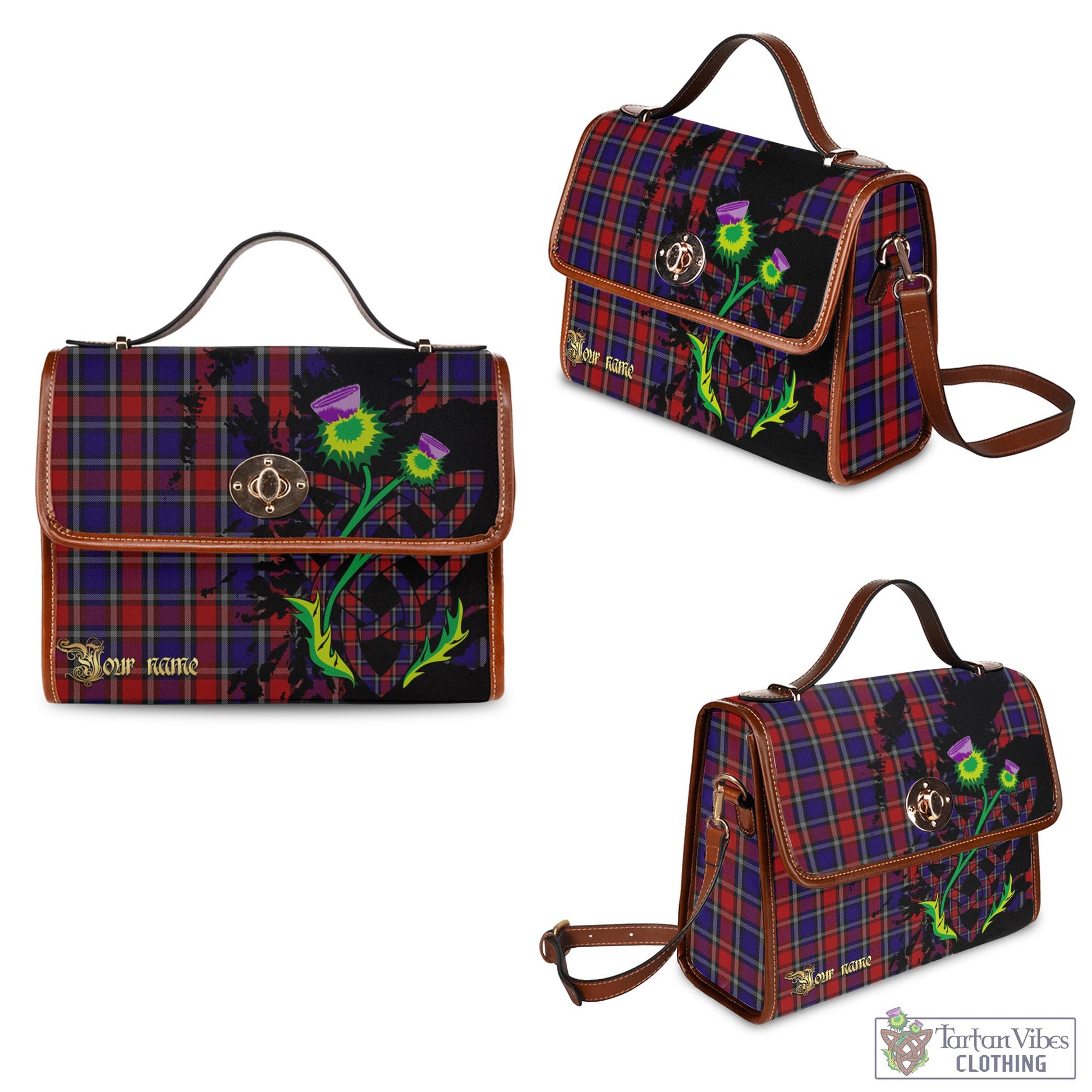 Tartan Vibes Clothing Clark Red Tartan Waterproof Canvas Bag with Scotland Map and Thistle Celtic Accents