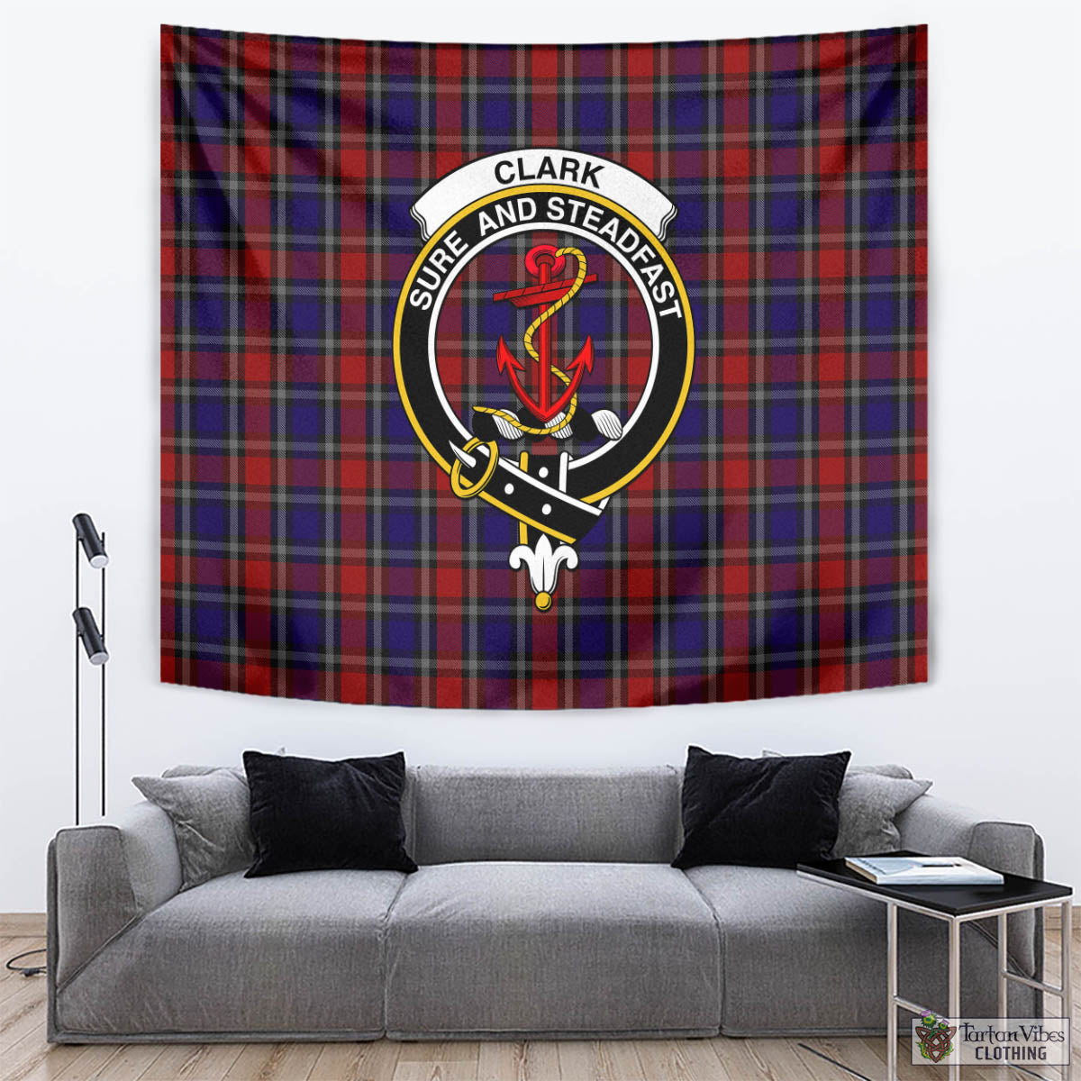 Tartan Vibes Clothing Clark Red Tartan Tapestry Wall Hanging and Home Decor for Room with Family Crest