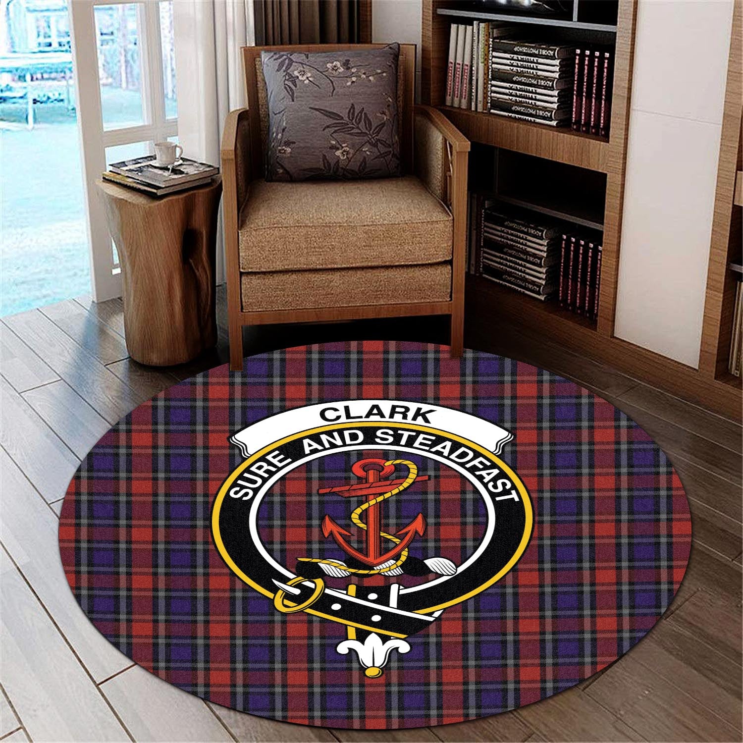 Clark Red Tartan Round Rug with Family Crest - Tartanvibesclothing