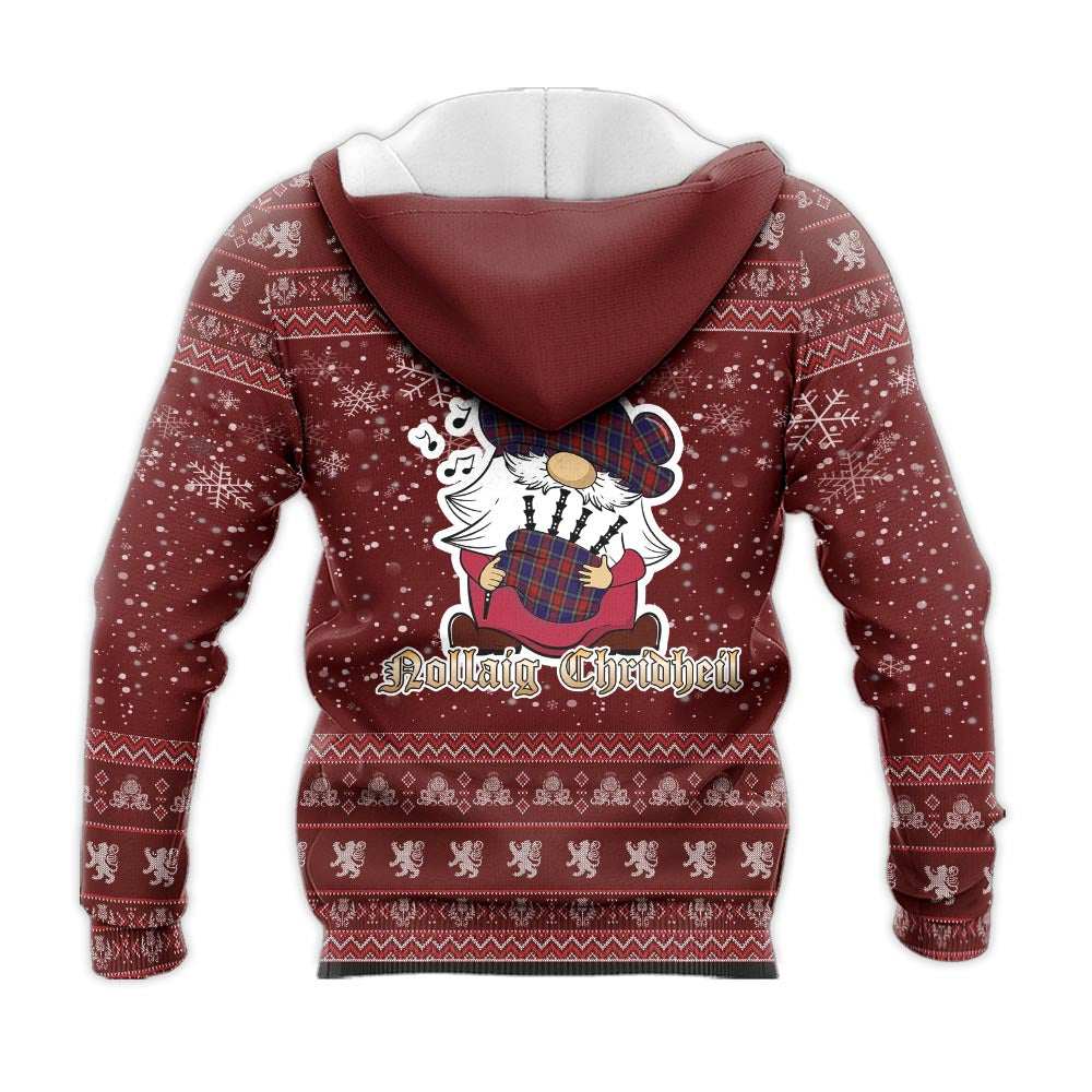 Clark Red Clan Christmas Knitted Hoodie with Funny Gnome Playing Bagpipes - Tartanvibesclothing