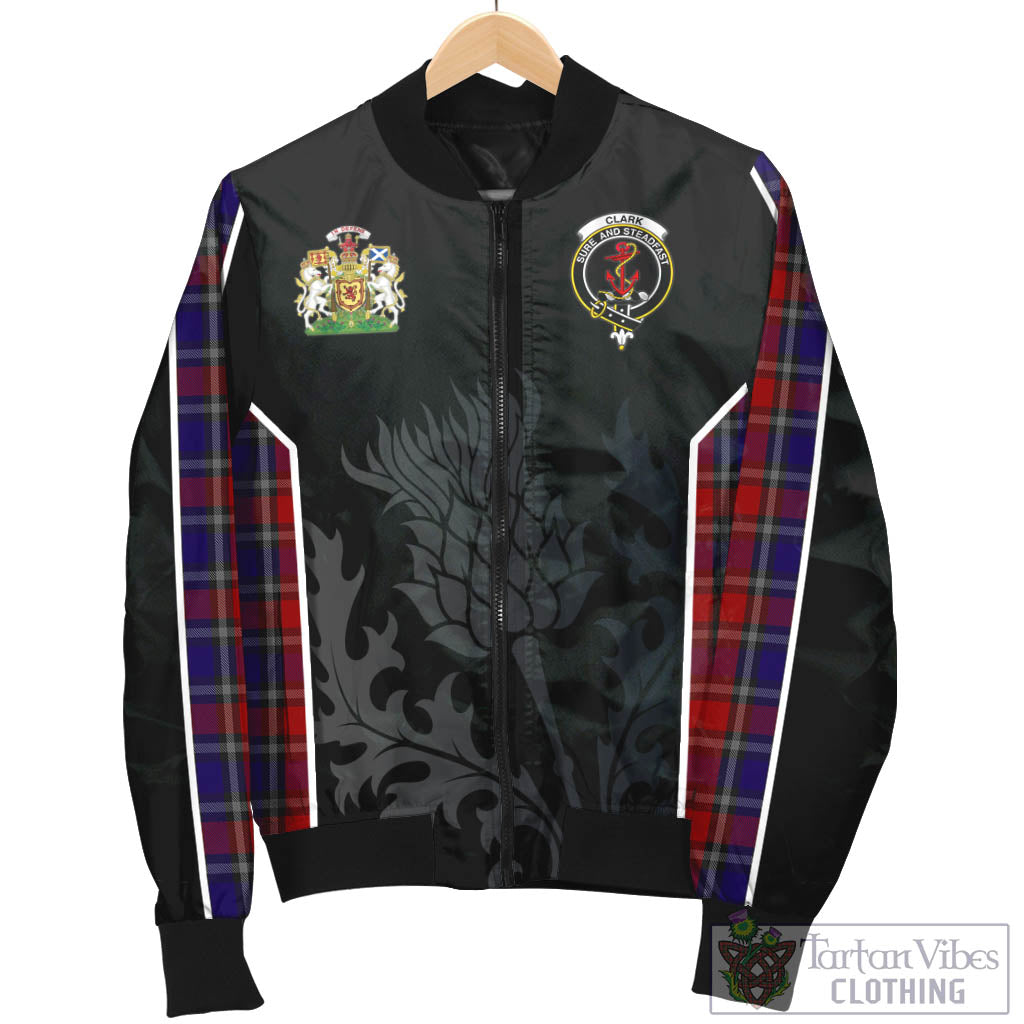 Tartan Vibes Clothing Clark Red Tartan Bomber Jacket with Family Crest and Scottish Thistle Vibes Sport Style