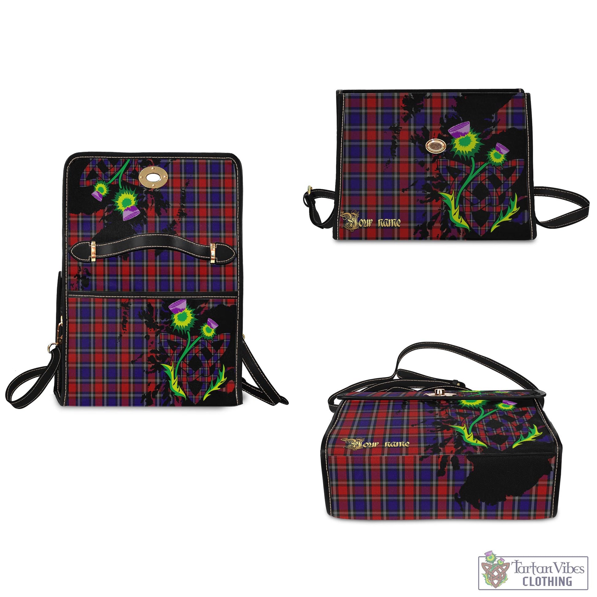 Tartan Vibes Clothing Clark Red Tartan Waterproof Canvas Bag with Scotland Map and Thistle Celtic Accents