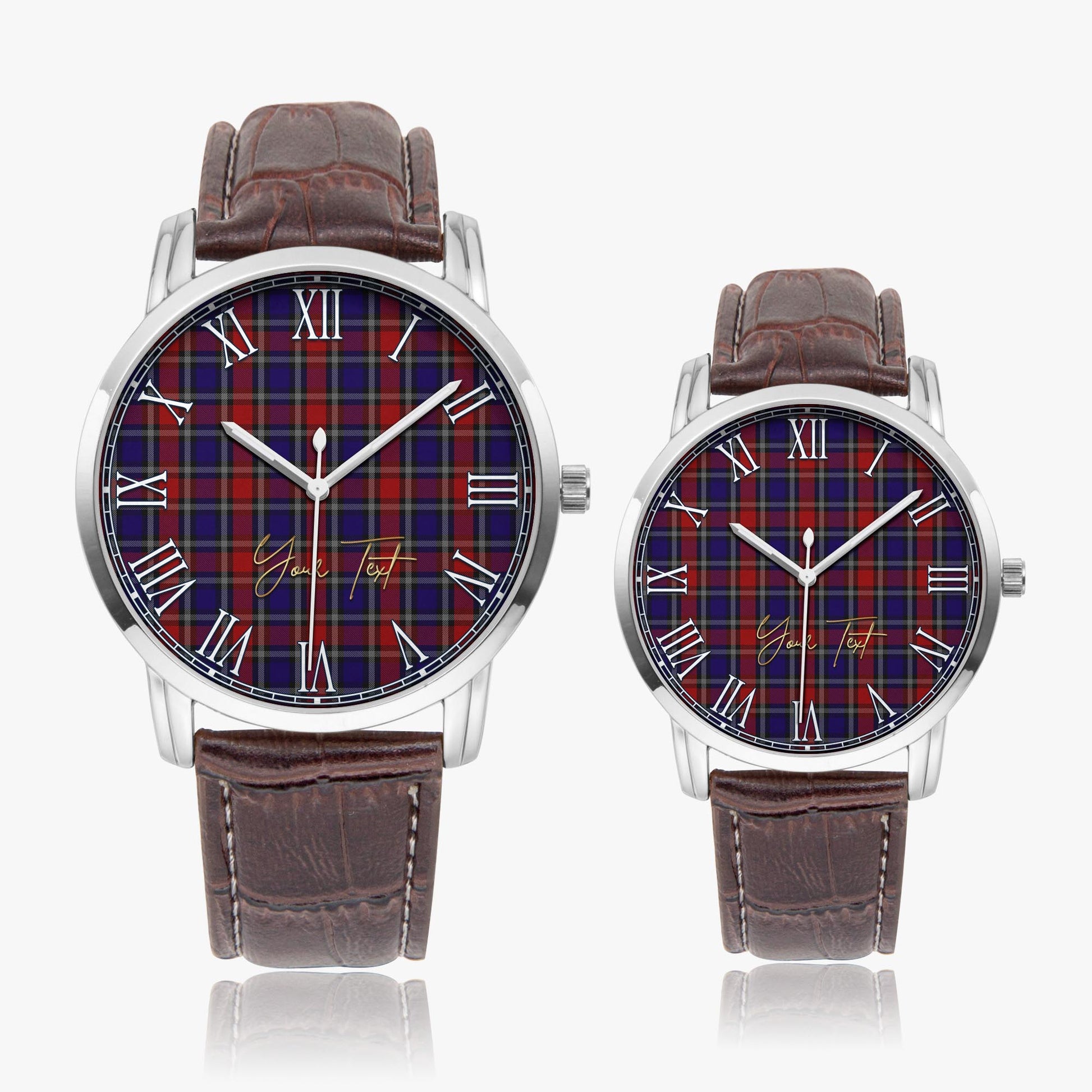 Clark Red Tartan Personalized Your Text Leather Trap Quartz Watch Wide Type Silver Case With Brown Leather Strap - Tartanvibesclothing