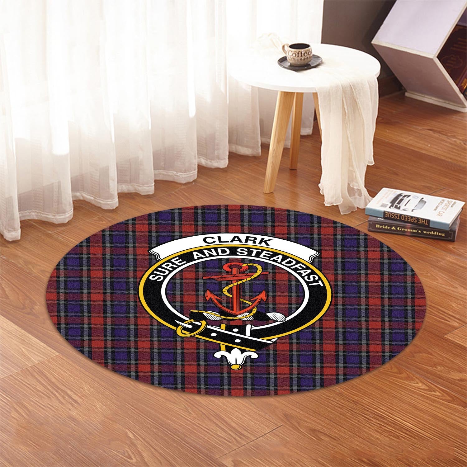 Clark Red Tartan Round Rug with Family Crest - Tartanvibesclothing