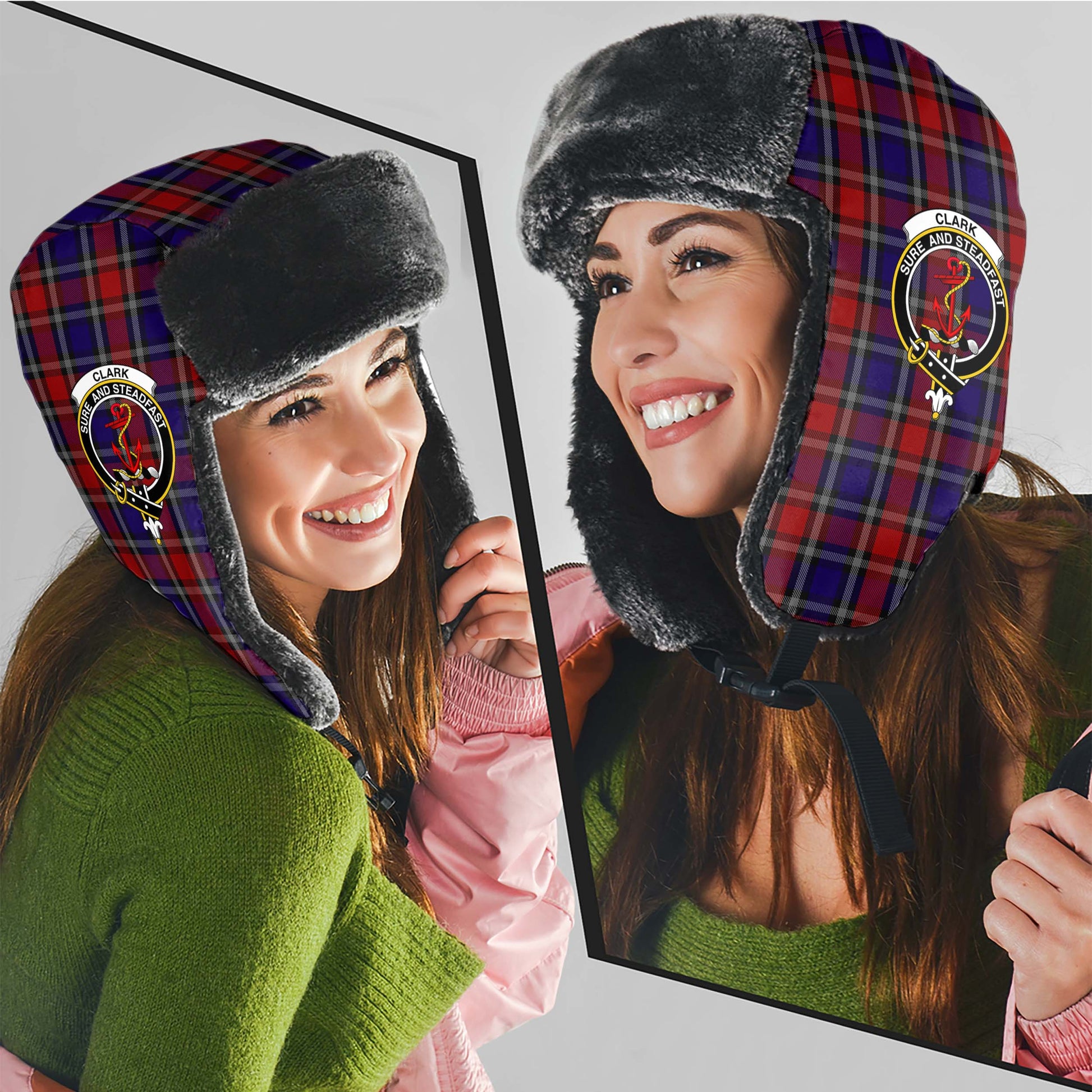 Clark Red Tartan Winter Trapper Hat with Family Crest - Tartanvibesclothing