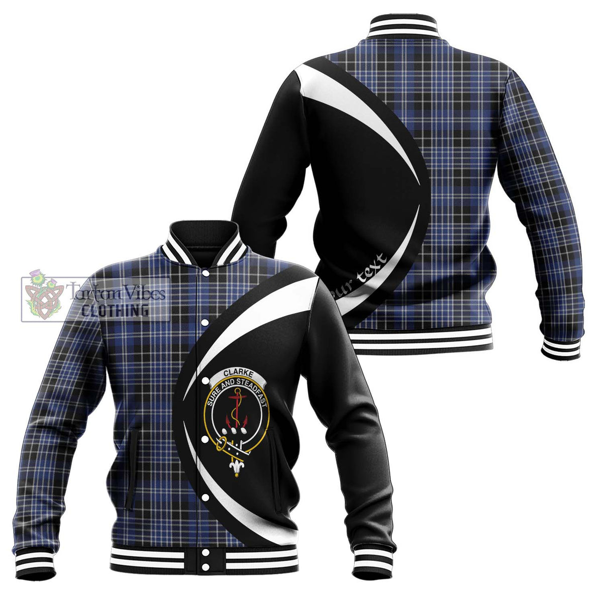 Clarke Tartan Baseball Jacket with Family Crest Circle Style Unisex - Tartan Vibes Clothing