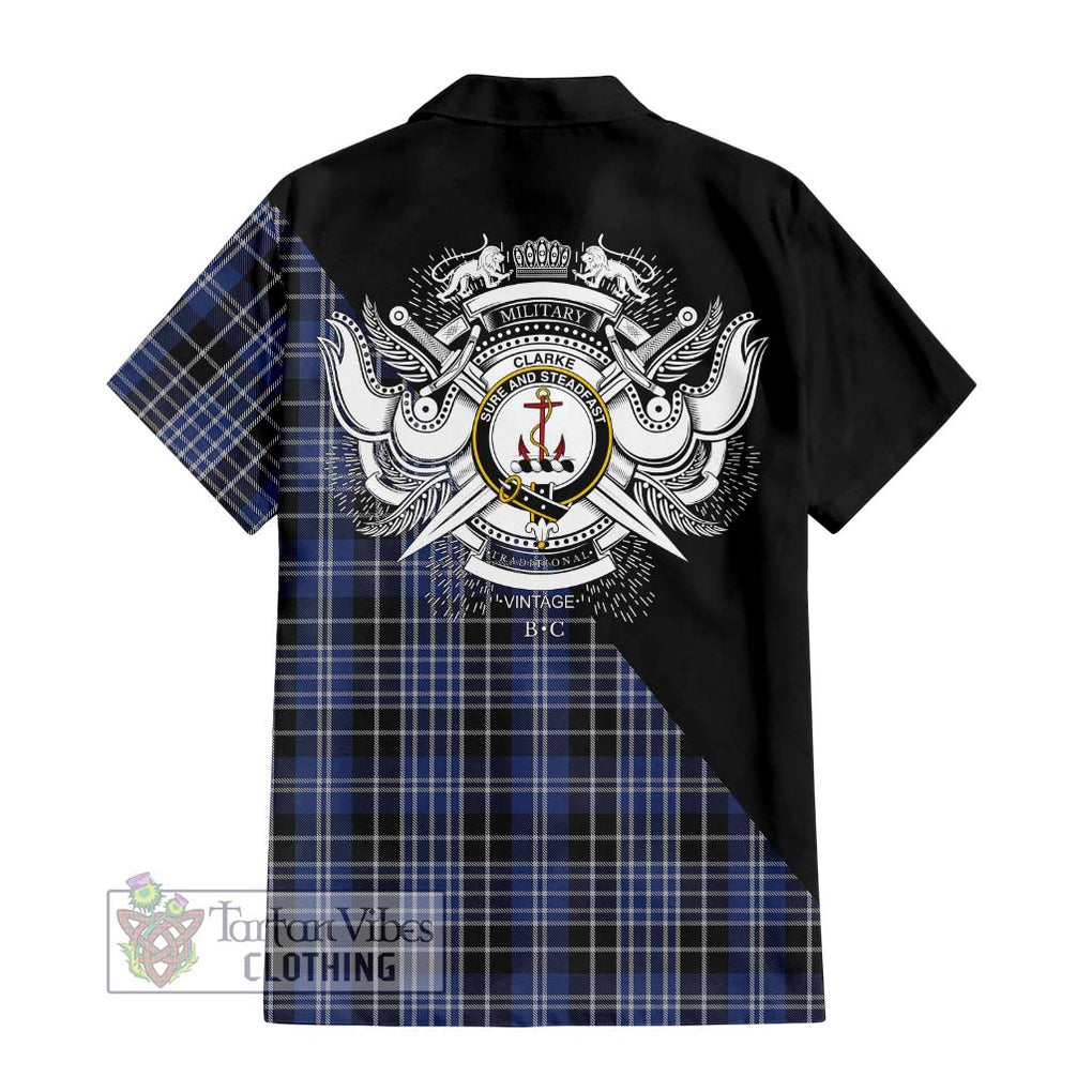 Clarke Tartan Short Sleeve Button Shirt with Family Crest and Military Logo Style - Tartanvibesclothing Shop