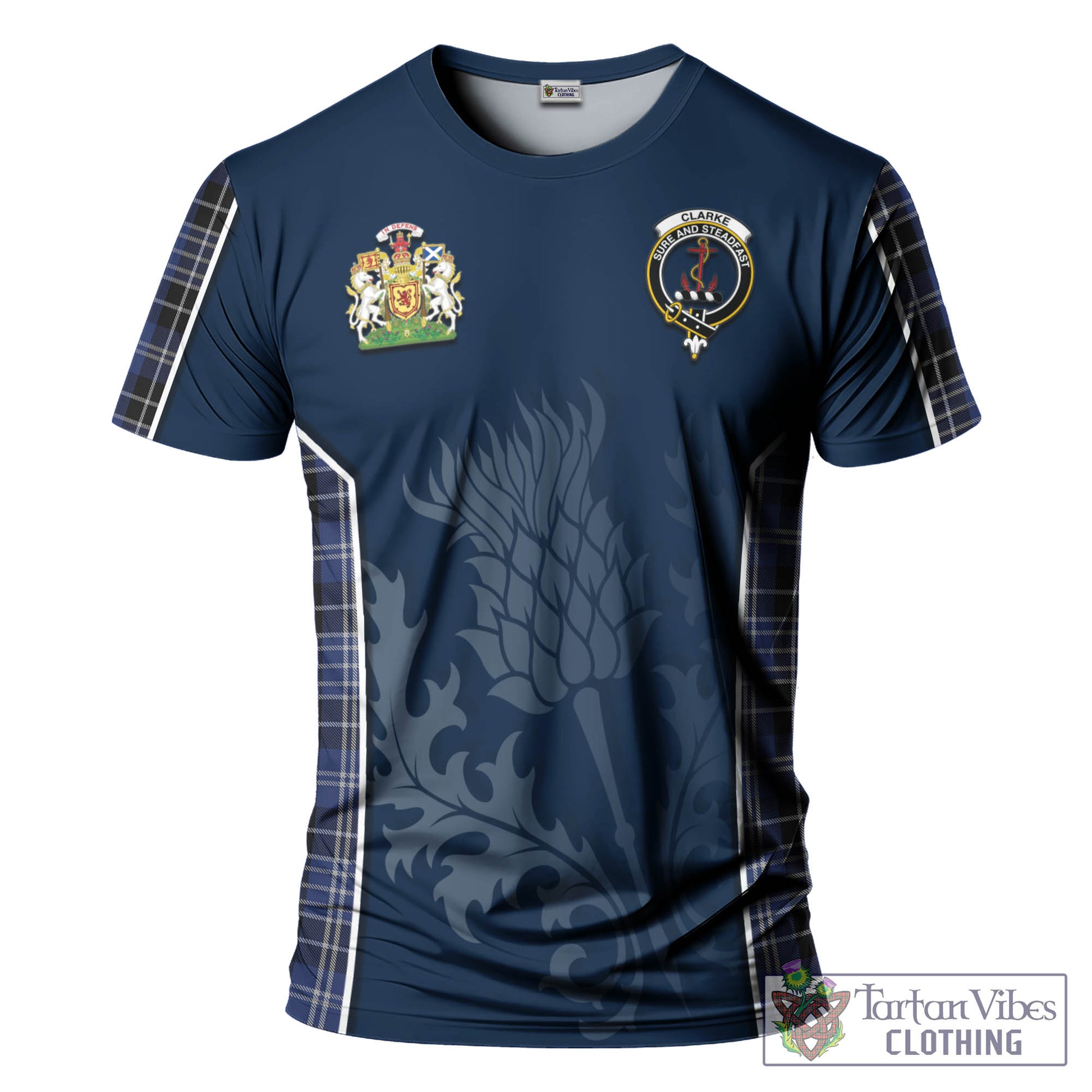 Tartan Vibes Clothing Clarke Tartan T-Shirt with Family Crest and Scottish Thistle Vibes Sport Style