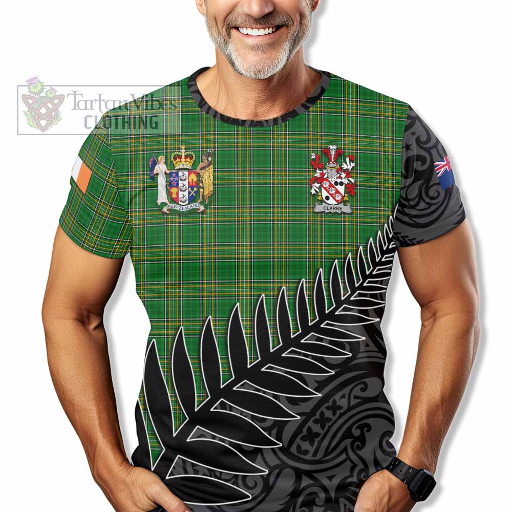 Tartan Vibes Clothing Clarke Irish Clan Tartan T-Shirt with Coat of Arms New Zealand Silver Fern Half Style