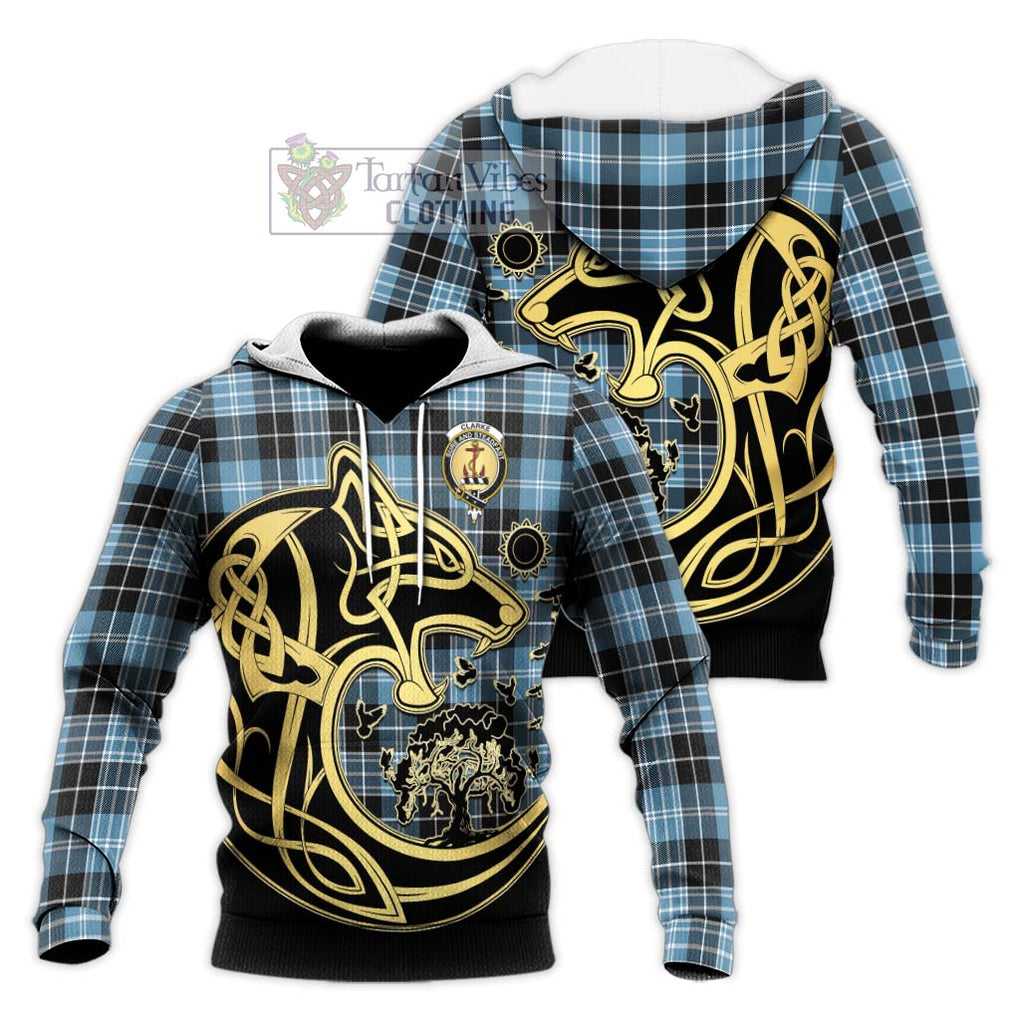 Clarke Ancient Tartan Knitted Hoodie with Family Crest Celtic Wolf Style Unisex Knitted Pullover Hoodie - Tartan Vibes Clothing