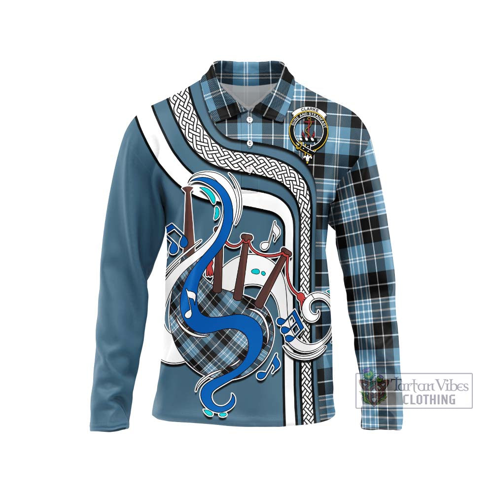 Tartan Vibes Clothing Clarke Ancient Tartan Long Sleeve Polo Shirt with Epic Bagpipe Style