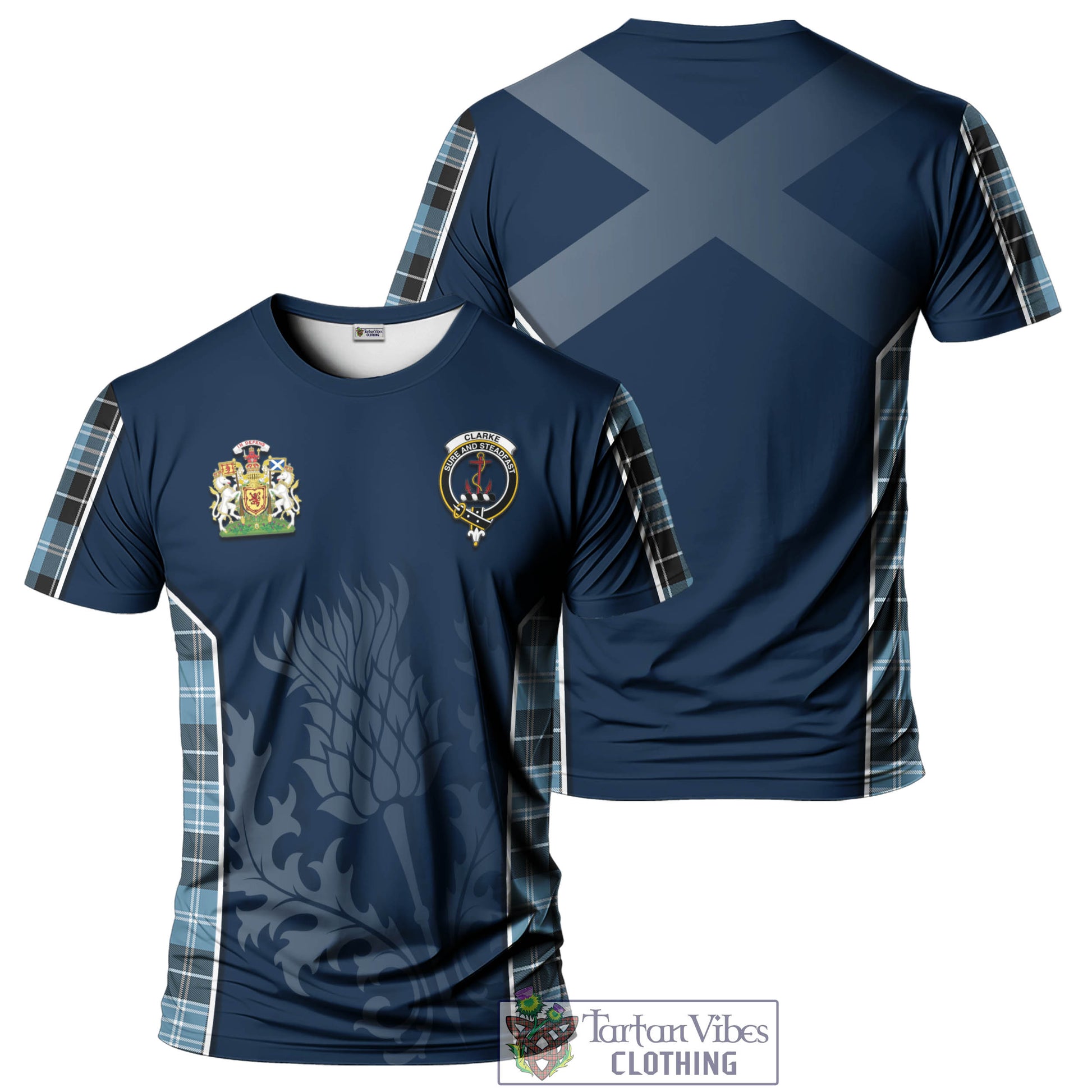 Tartan Vibes Clothing Clarke Ancient Tartan T-Shirt with Family Crest and Scottish Thistle Vibes Sport Style