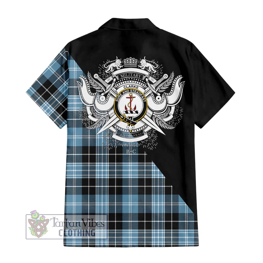 Clarke Ancient Tartan Short Sleeve Button Shirt with Family Crest and Military Logo Style - Tartanvibesclothing Shop