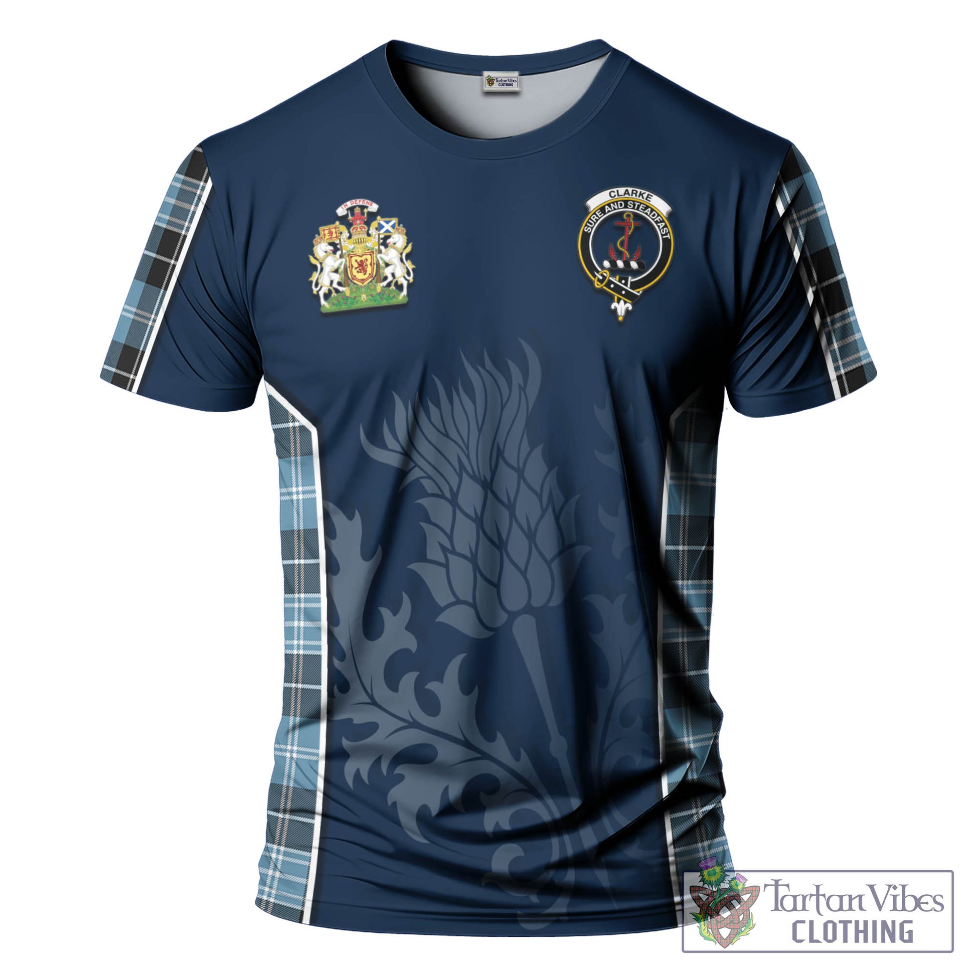 Tartan Vibes Clothing Clarke Ancient Tartan T-Shirt with Family Crest and Scottish Thistle Vibes Sport Style