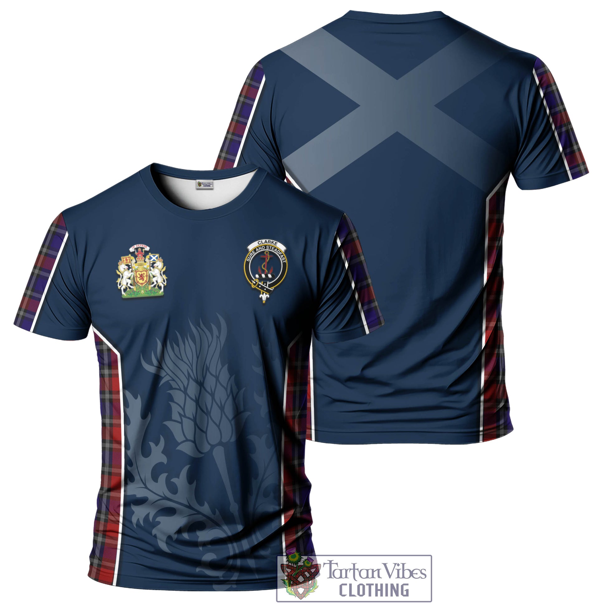 Tartan Vibes Clothing Clarke Red Tartan T-Shirt with Family Crest and Scottish Thistle Vibes Sport Style