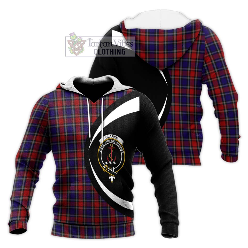 Clarke Red Tartan Knitted Hoodie with Family Crest Circle Style Unisex Knitted Pullover Hoodie - Tartan Vibes Clothing