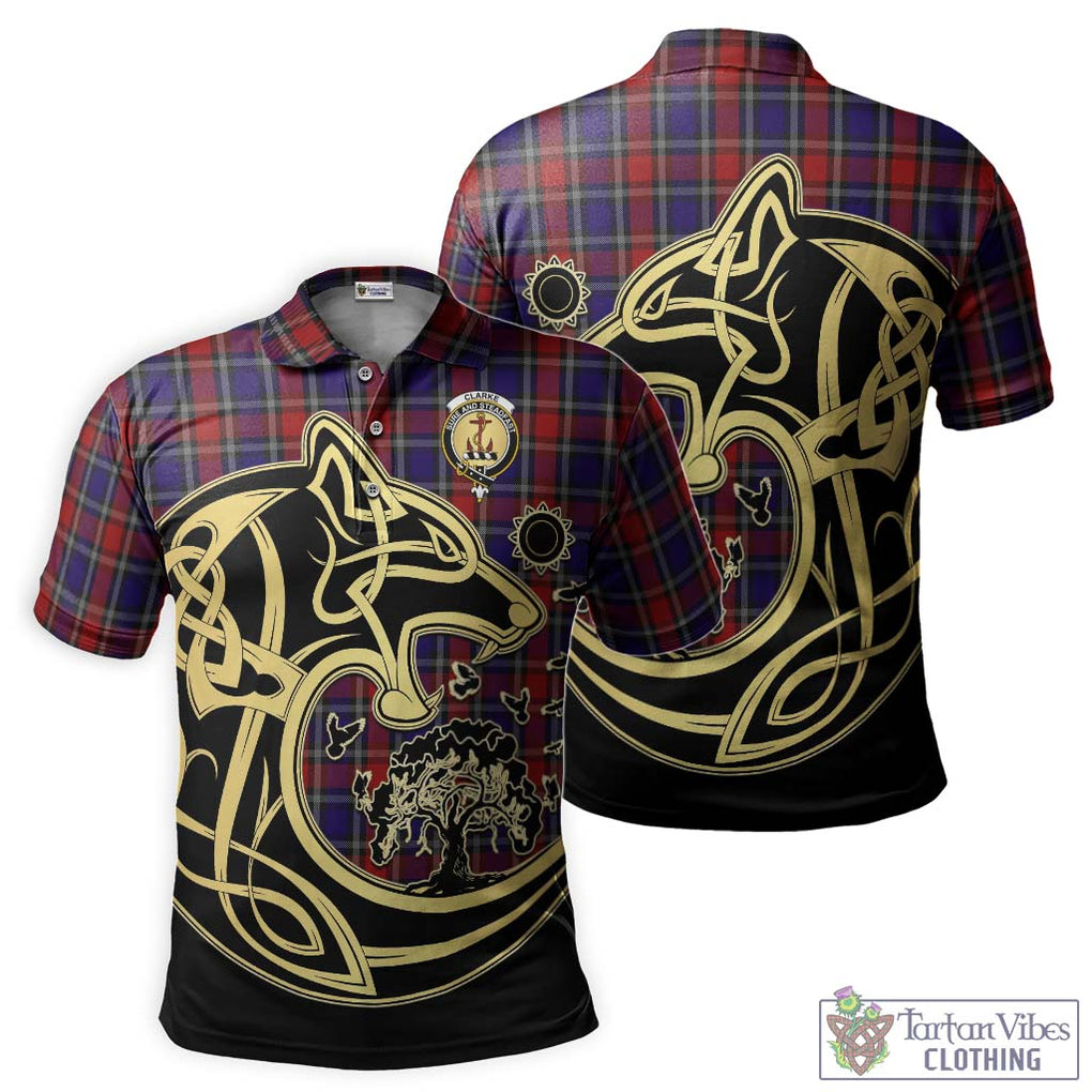 Clarke Red Tartan Polo Shirt with Family Crest Celtic Wolf Style Kid - Tartanvibesclothing Shop