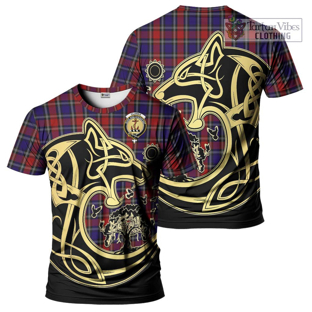 Clarke Red Tartan T-Shirt with Family Crest Celtic Wolf Style Kid's Shirt - Tartan Vibes Clothing