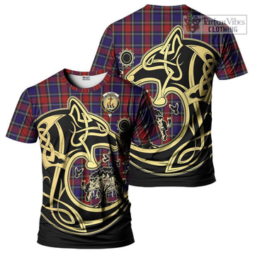 Clarke Red Tartan T-Shirt with Family Crest Celtic Wolf Style