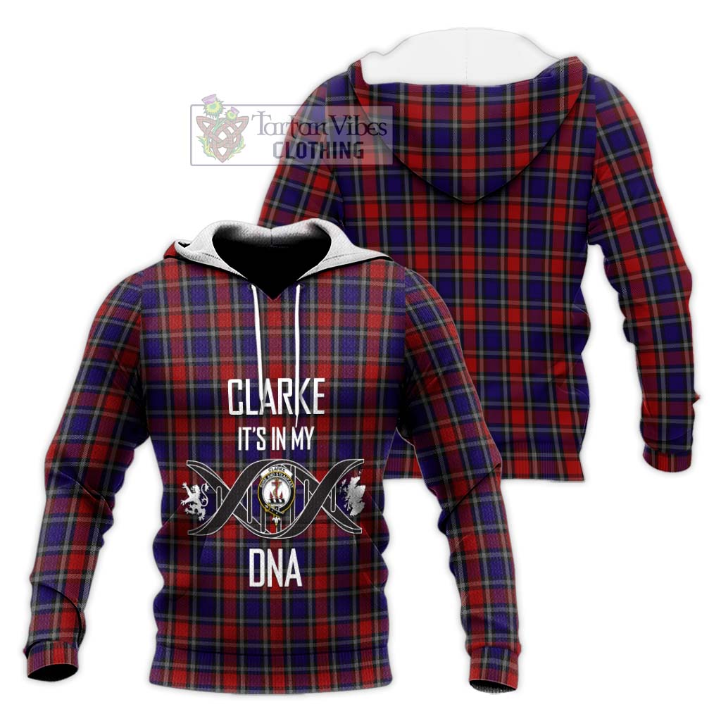 Tartan Vibes Clothing Clarke Red Tartan Knitted Hoodie with Family Crest DNA In Me Style