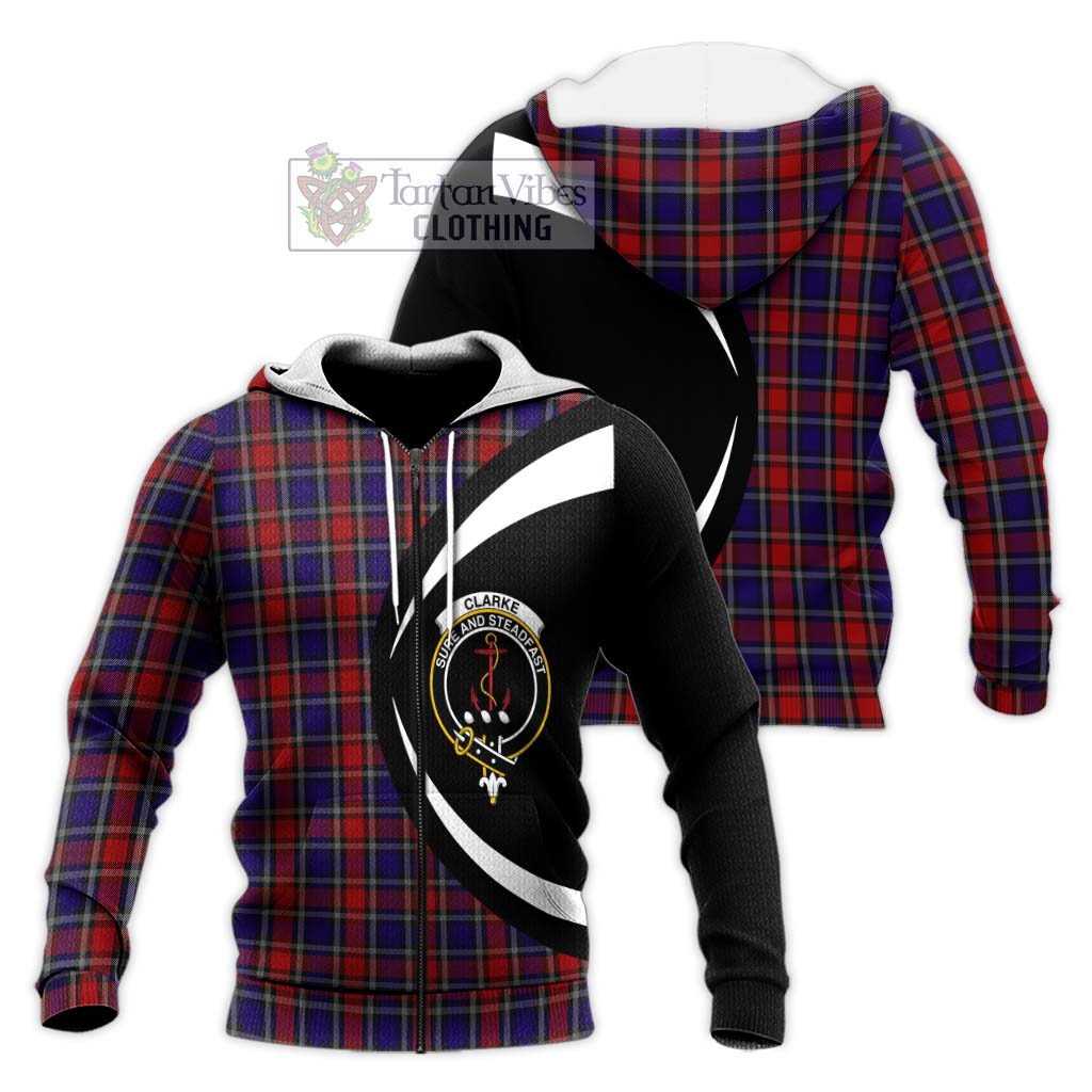 Clarke Red Tartan Knitted Hoodie with Family Crest Circle Style Unisex Knitted Zip Hoodie - Tartan Vibes Clothing