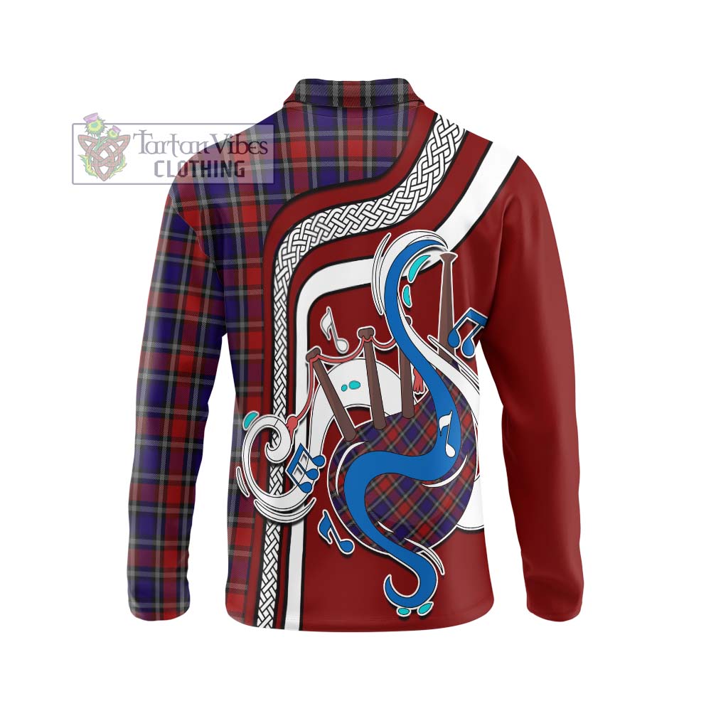 Tartan Vibes Clothing Clarke Red Tartan Long Sleeve Polo Shirt with Epic Bagpipe Style