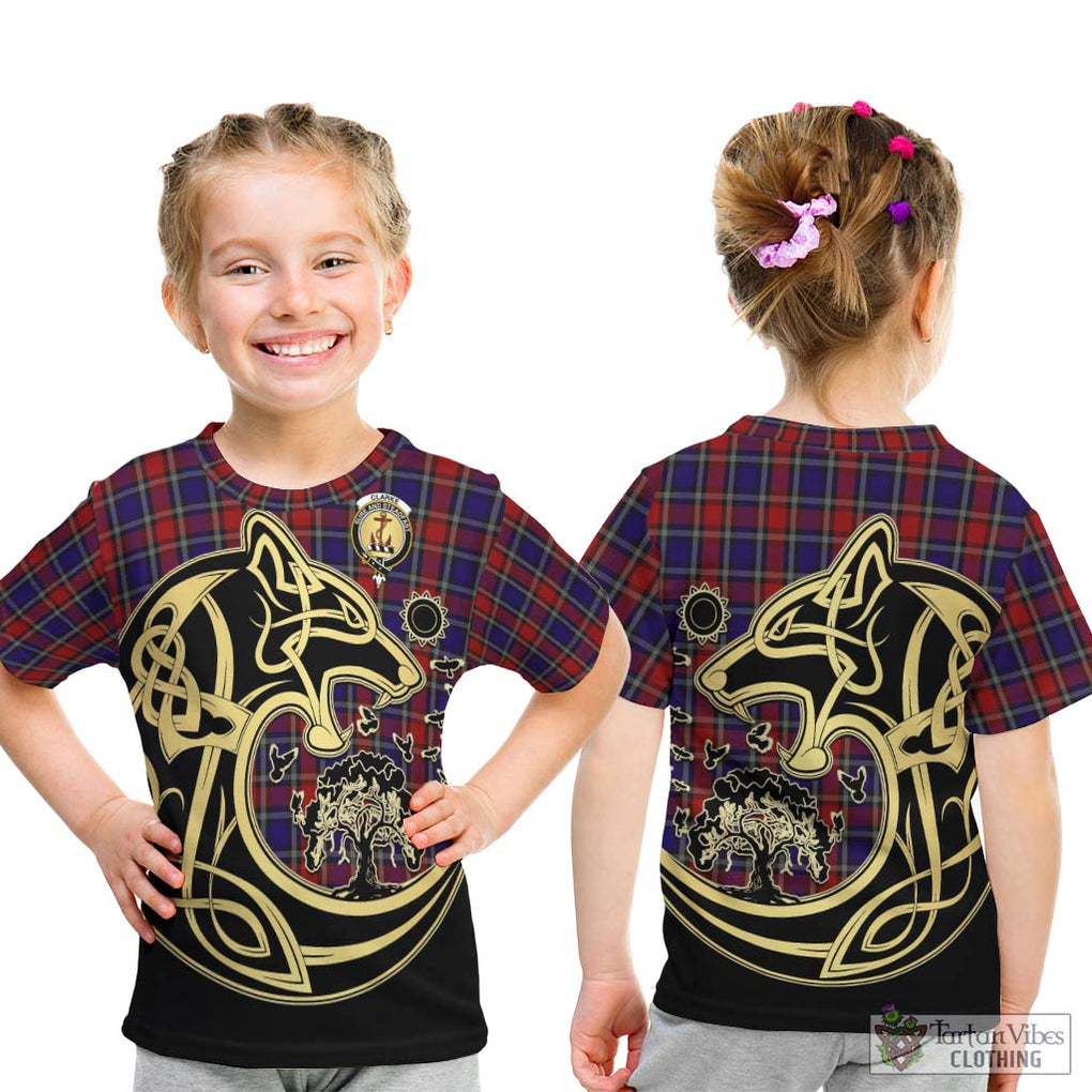 Clarke Red Tartan Kid T-Shirt with Family Crest Celtic Wolf Style - Tartan Vibes Clothing