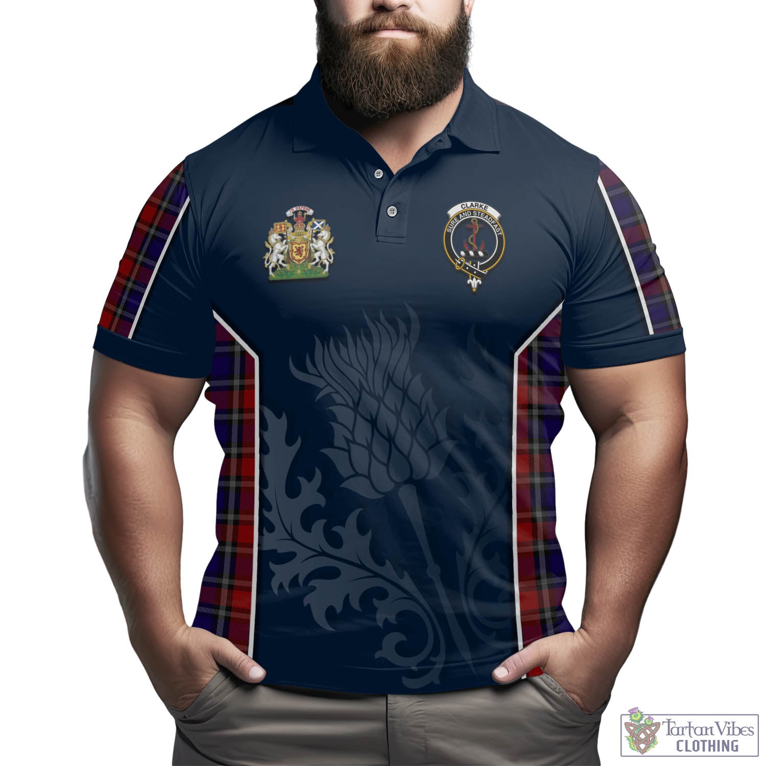 Clarke Red Tartan Men's Polo Shirt with Family Crest and Scottish Thistle Vibes Sport Style - Tartan Vibes Clothing