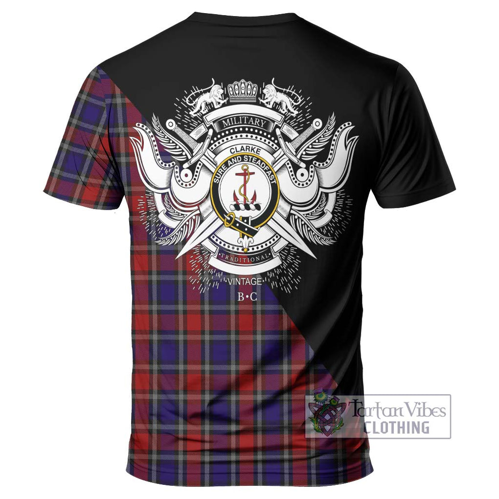 Clarke Red Tartan T-Shirt with Family Crest and Military Logo Style - Tartanvibesclothing Shop