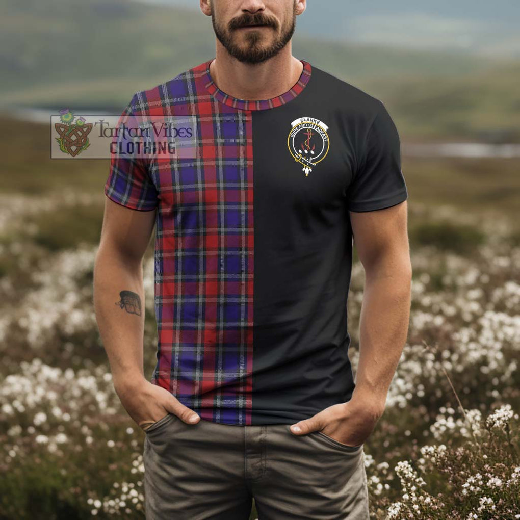 Clarke Red Tartan T-Shirt with Family Crest and Half Of Me Style - Tartanvibesclothing Shop