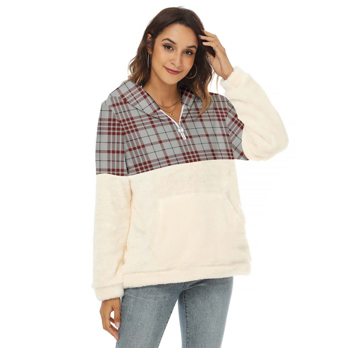 Clayton Tartan Women's Borg Fleece Hoodie With Half Zip Female - Tartanvibesclothing