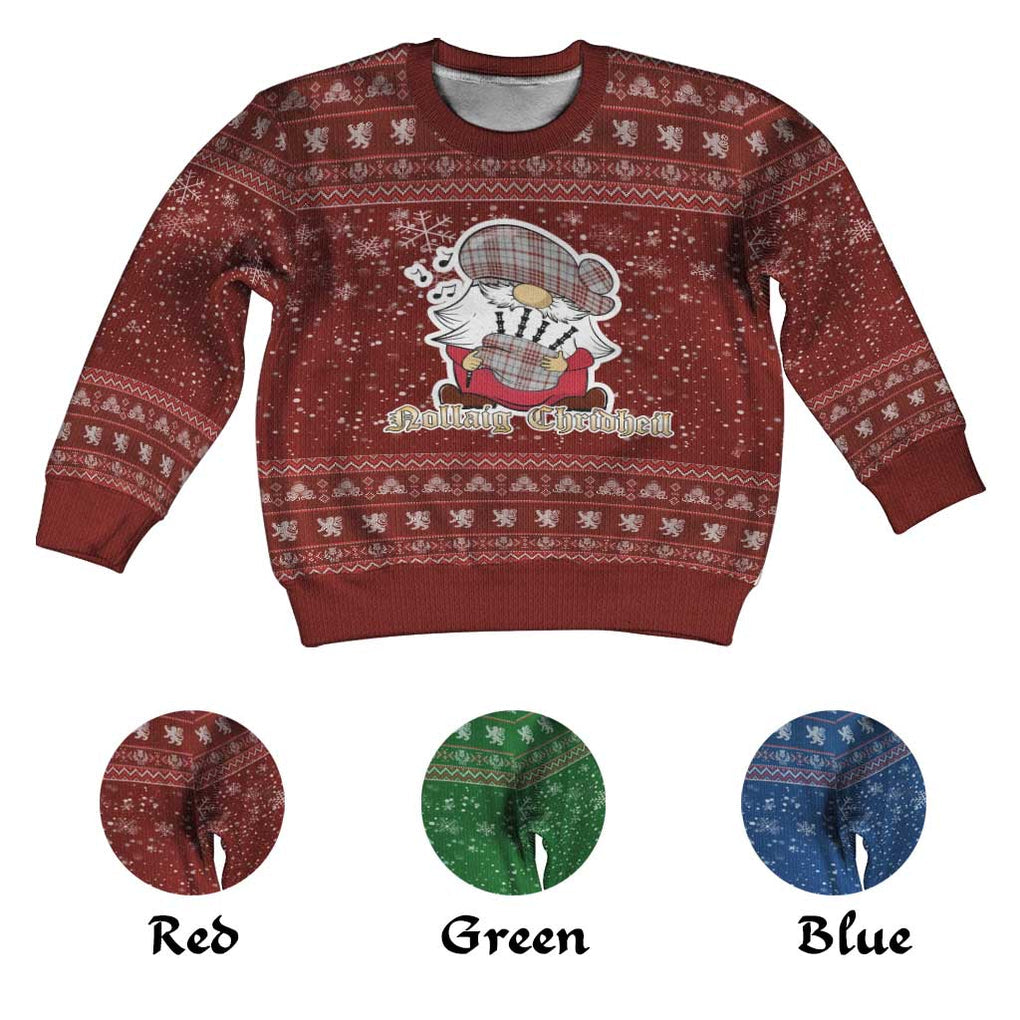 Tartan Vibes Clothing Clayton Clan Christmas Kid Ugly Sweater with Gnome Playing Bagpipes