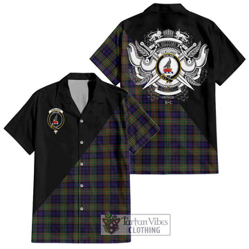 Clelland Tartan Short Sleeve Button Shirt with Family Crest and Military Logo Style