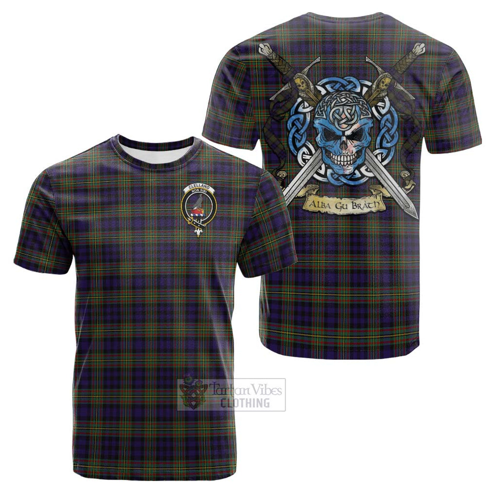 Tartan Vibes Clothing Clelland Tartan Cotton T-shirt with Family Crest Celtic Skull Style