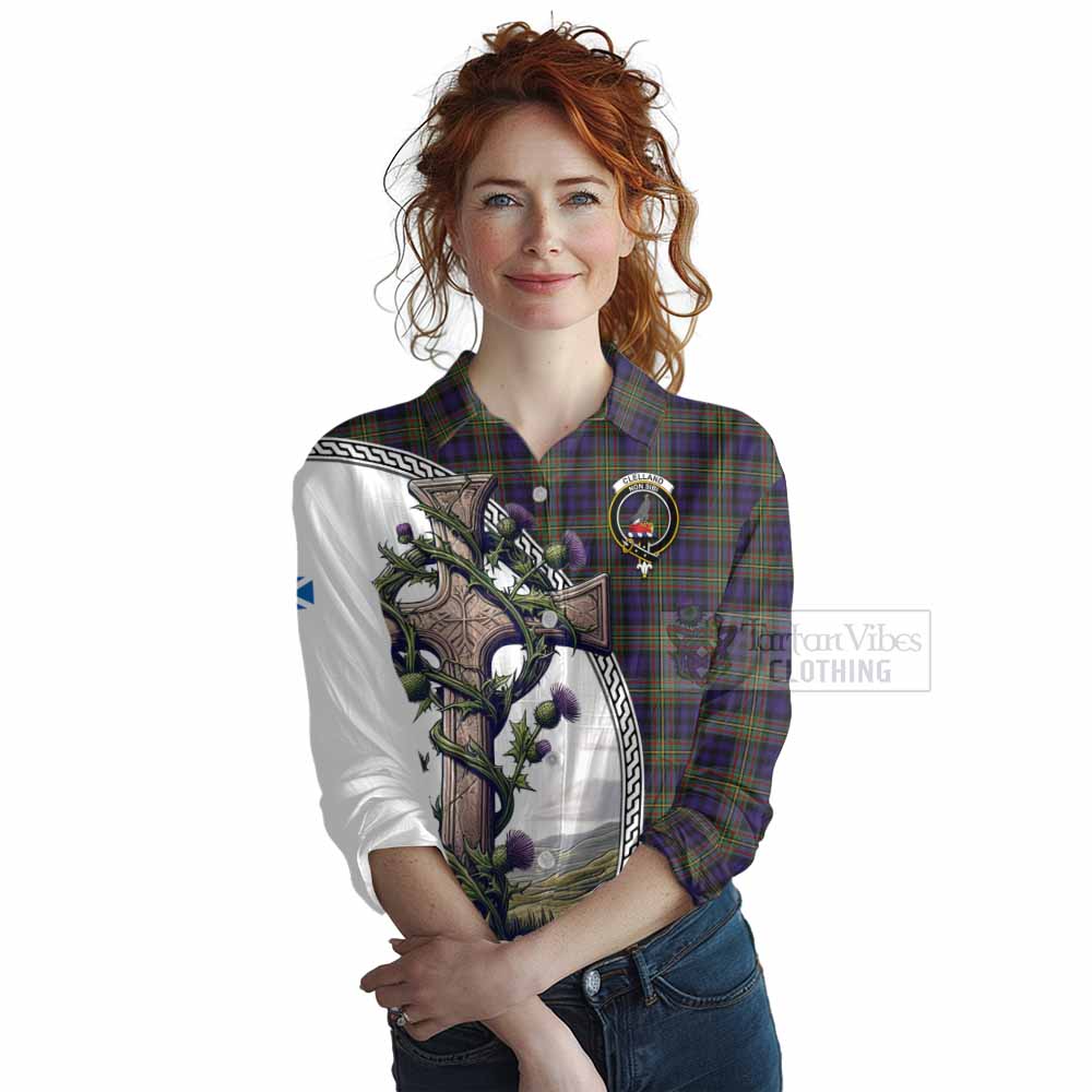 Tartan Vibes Clothing Clelland Tartan Women's Casual Shirt with Family Crest and St. Andrew's Cross Accented by Thistle Vines