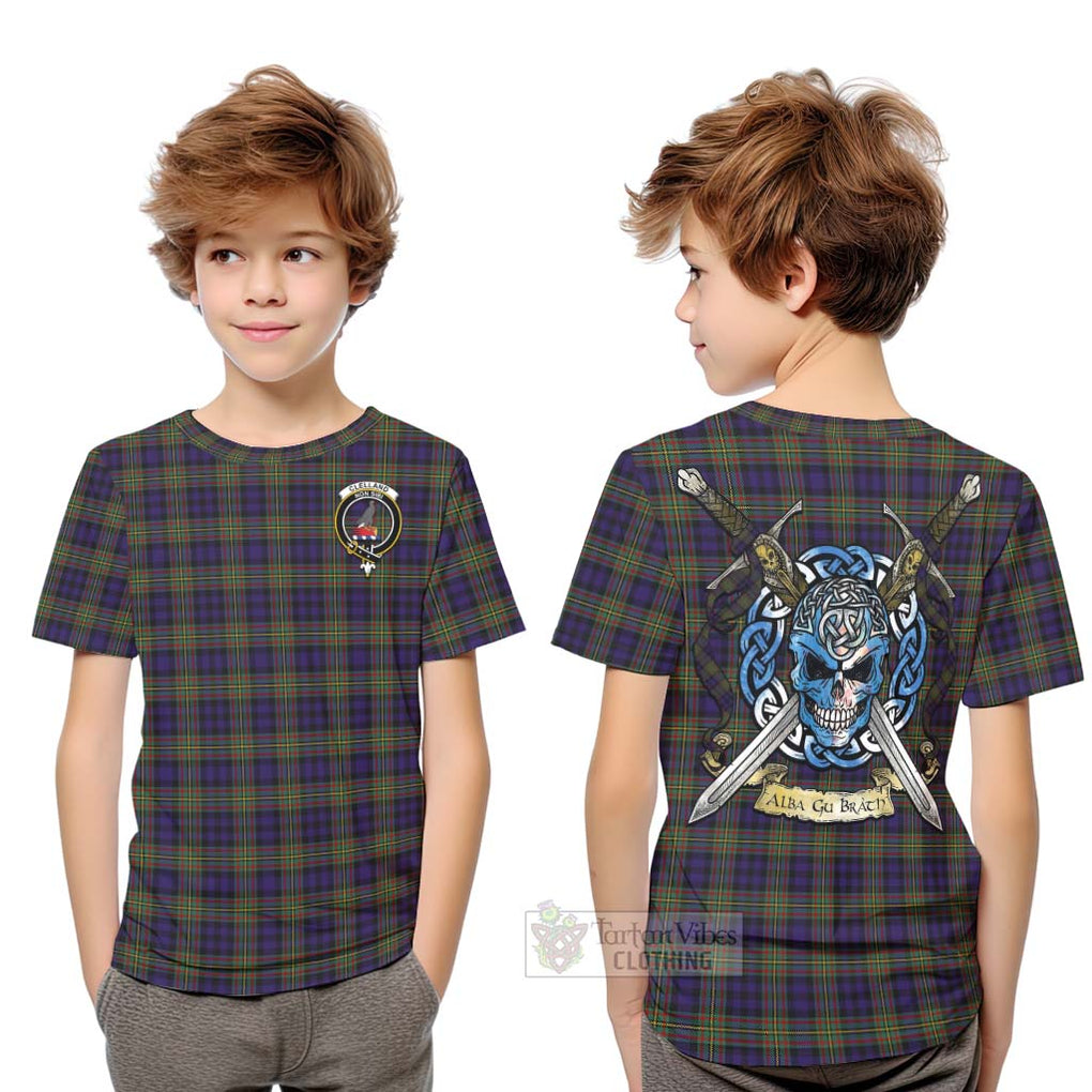 Tartan Vibes Clothing Clelland Tartan Kid T-Shirt with Family Crest Celtic Skull Style