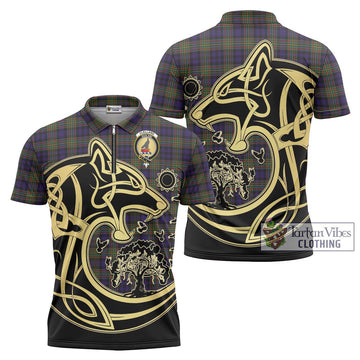 Clelland Tartan Zipper Polo Shirt with Family Crest Celtic Wolf Style