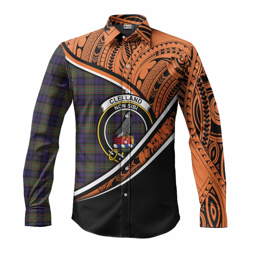 Tartan Vibes Clothing Clelland Crest Tartan Long Sleeve Button Shirt with Maori Tattoo Style - Orange Version