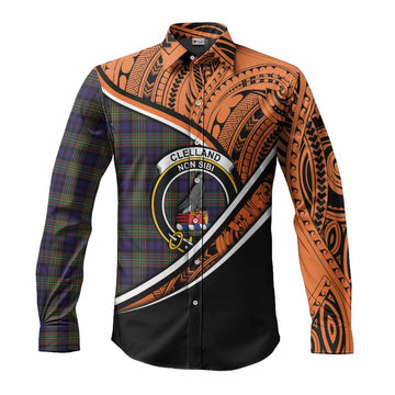 Clelland Crest Tartan Long Sleeve Button Shirt with Polynesian Vibes Style - Orange Version