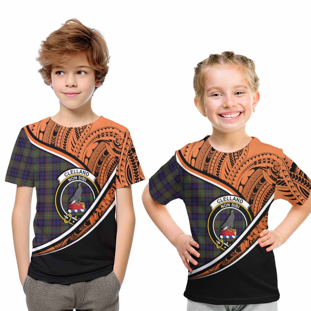 Tartan Vibes Clothing Clelland Crest Tartan Kid T-Shirt with Maori Tattoo Style - Orange Version