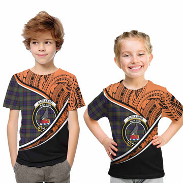 Clelland Crest Tartan Kid T-Shirt with Polynesian Vibes Style - Orange Version