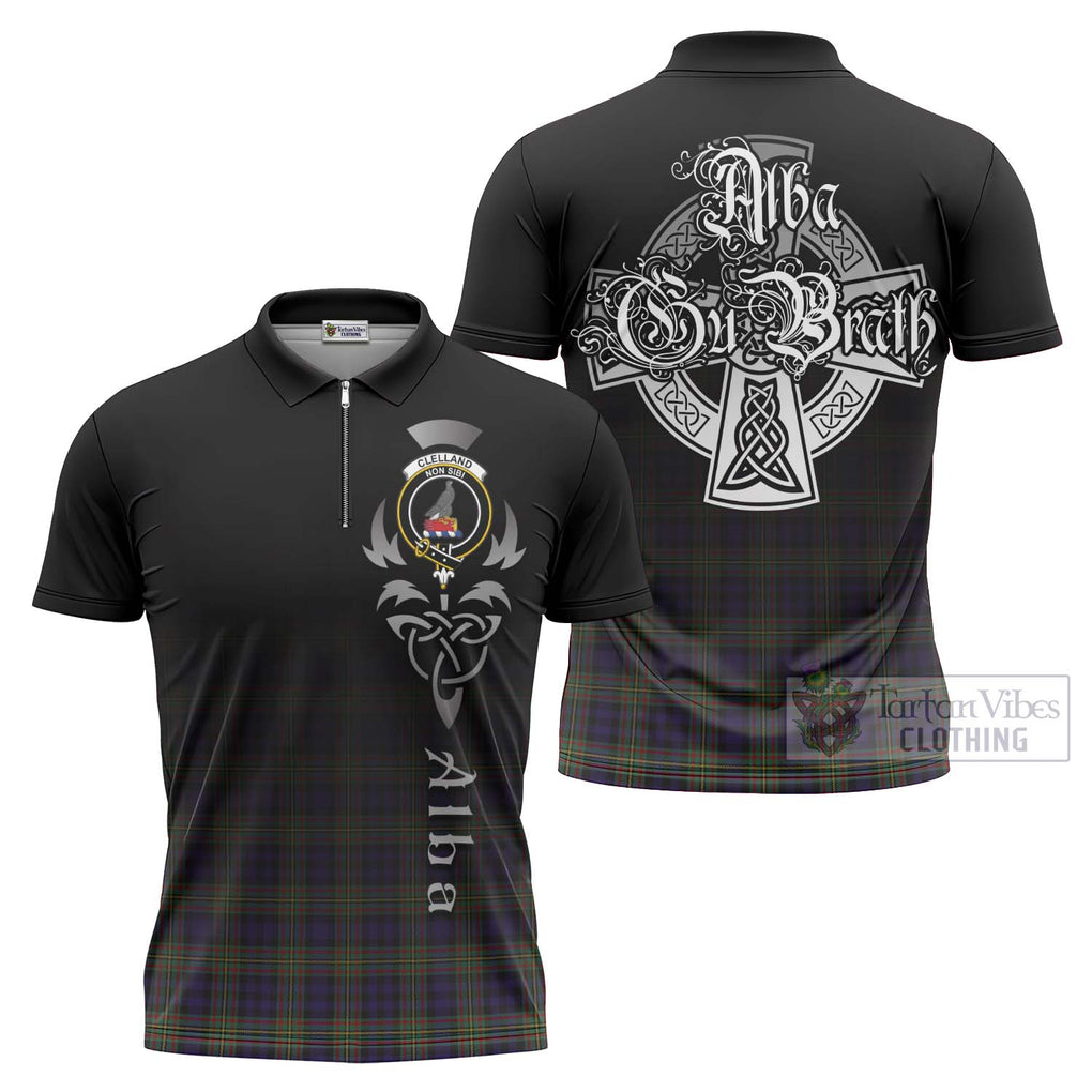 Tartan Vibes Clothing Clelland Tartan Zipper Polo Shirt Featuring Alba Gu Brath Family Crest Celtic Inspired