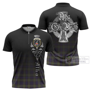 Clelland Tartan Zipper Polo Shirt Featuring Alba Gu Brath Family Crest Celtic Inspired