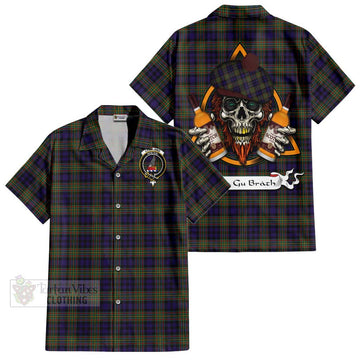 Clelland Tartan Short Sleeve Button Shirt with Family Crest and Bearded Skull Holding Bottles of Whiskey