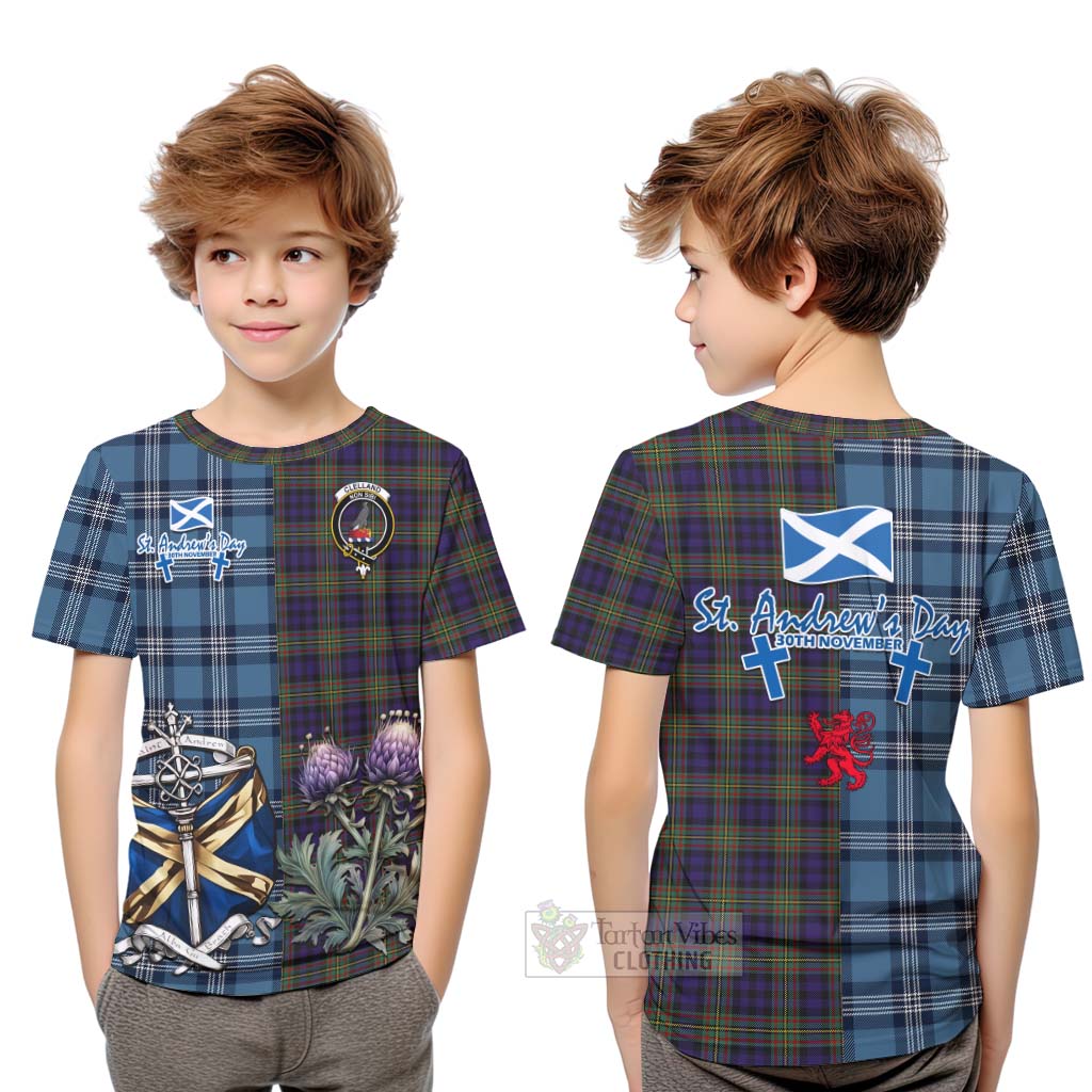 Tartan Vibes Clothing Clelland Tartan Kid T-Shirt Happy St. Andrew's Day Half Tartan Style