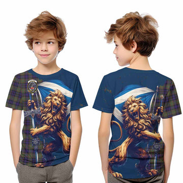 Clelland Tartan Family Crest Kid T-Shirt with Scottish Majestic Lion